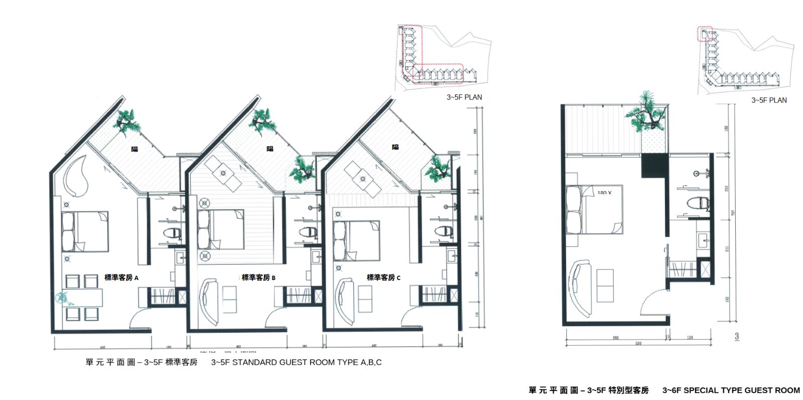 此圖為客房單元建築平面配置圖，呈現標準型與特別型客房格局，劃分臥室、乾濕分離衛浴及配置植栽的斜角景觀陽台。