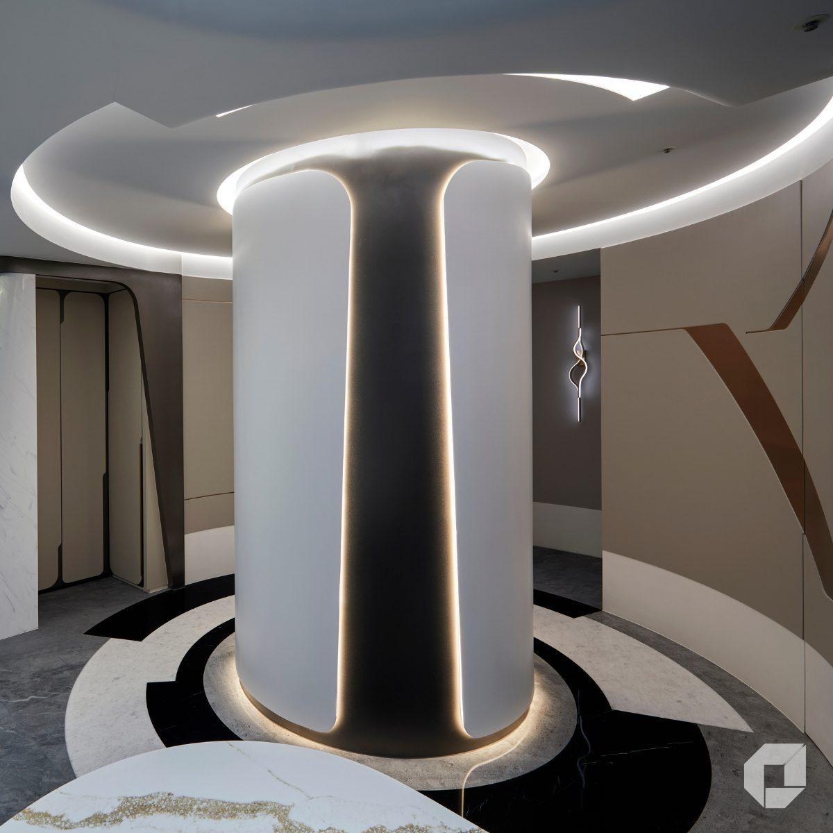 商業空間呈現現代簡約風格，以黑白色系與暖灰大地色為主調，中央立柱結合流線間接燈光與天花圓弧造型，搭配地坪黑白石材拼花打造立體視覺核心。