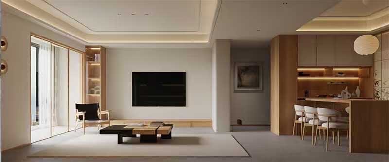 客廳與吧台餐廳採用日系與現代簡約風格，以米白塗料搭配溫潤木質，運用天花板間接燈槽、紙吊燈及低矮家具配置，呈現開闊沉穩的公領域格局。