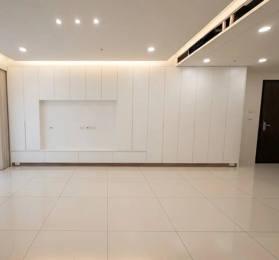 麗登系統家居作品：10坪的公領域，用全白的櫃子做滿收納儲物跟電視牆