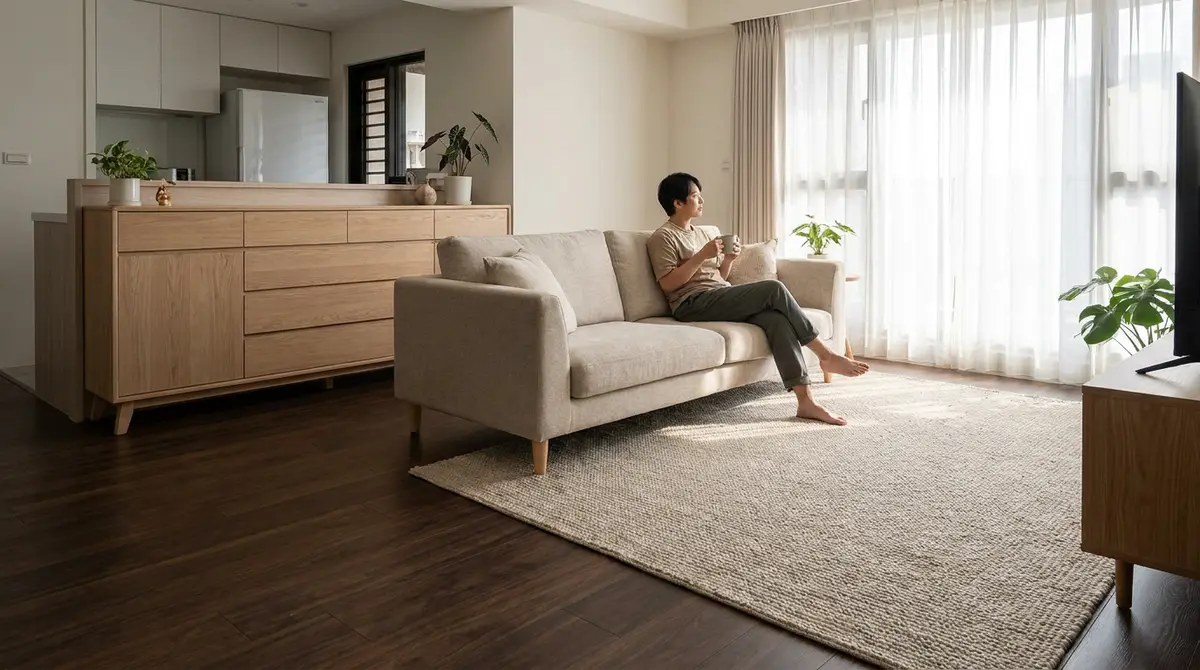 深色地板怎麼搭淺色家具？客廳不顯暗、也不怕像樣品屋的搭配方法