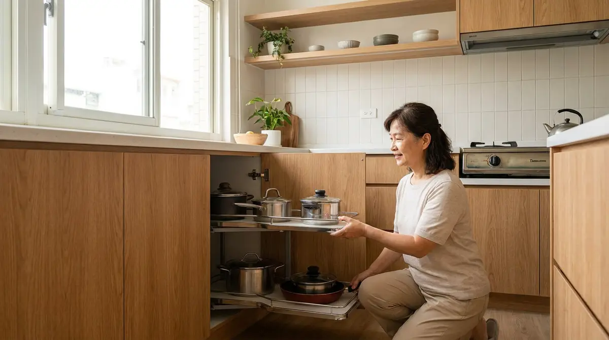 老屋廚房轉角櫃怎麼改才好拿？別急著買拉籃，先看鍋子怎麼拿出來