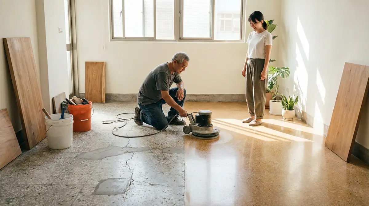 老屋磨石子地板怎麼拋光修復?先看裂縫,再決定要不要磨亮