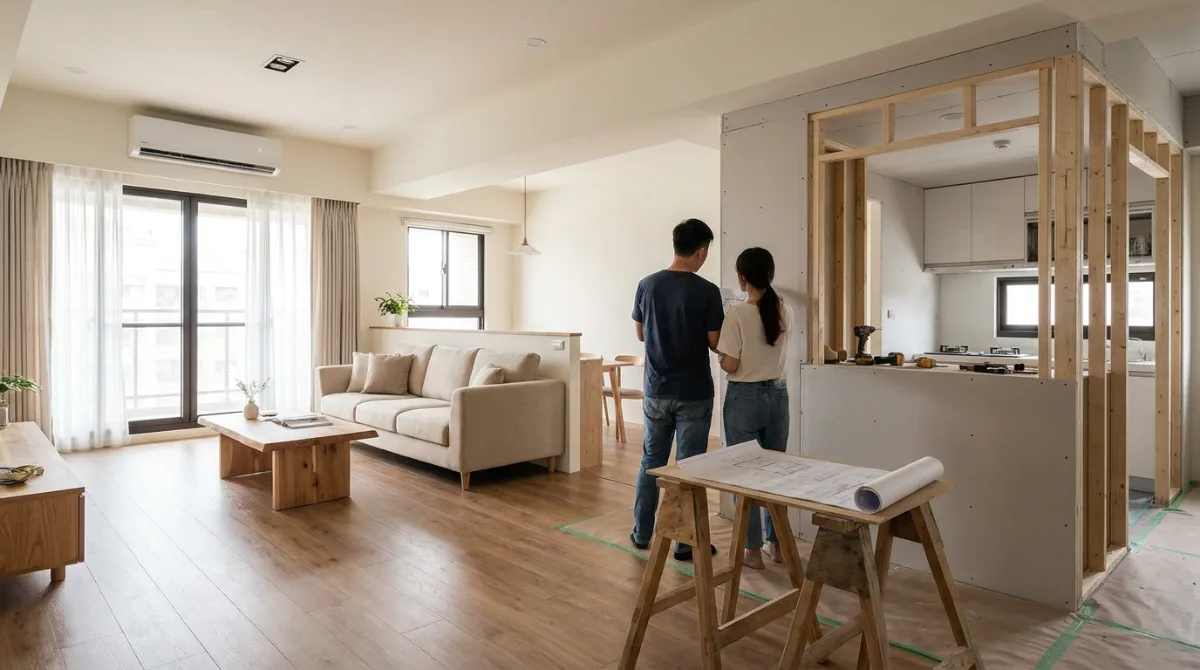 自然採光明亮的現代住宅客廳，以木質家具與簡潔配置營造溫暖氛圍